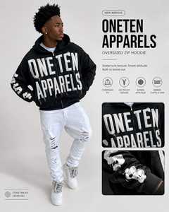 เสื้อฮู้ดดี้โอเวอร์ไซส์ผู้ชาย ONETEN APPARELS ผ้าฝ้ายถัก สไตล์สตรีทแวร์ มีซิป แต่งโลโก้ปักด้านหน้า - Product Image 3