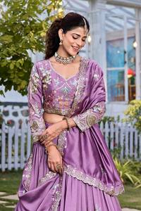 Purple Embroidered Lehenga Choli Pure Silk Fabric Indian Wedding Outfit Pakistani Party <b>Dress</b> for Women - Product Image 2