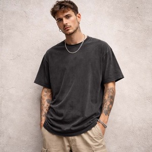 Men's Heavyweight 100% Cotton Streetwear Tee with Custom Logo Vintage Washed Black Oversized Fit High Street Style - Product Image 3
