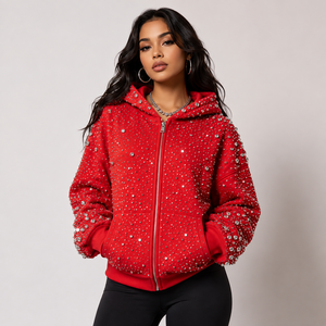 Sudaderas con cremallera de diamantes de imitación a la moda, con cristales brillantes, estilo urbano, extragrandes, de invierno, con logo personalizado, antiarrugas, fabricante OEM - Product Image 2
