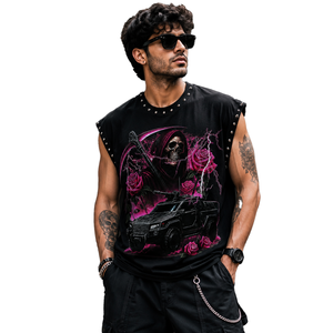 Men's <b>Black</b> Sleeveless O-Neck Punk Style Skulls Print Rhinestones Muscle Fit <b>Tank</b> <b>Top</b> Breathable Quick Dry Eco-Friendly Trendy - Product Image 1
