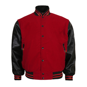 Chaqueta Varsity Roja Unisex con Mangas de PU Negro, Terciopelo Transpirable, Diseño de Bloques de Color Invernal, Cuello Alto, Logotipo Frontal, Ropa Casual Urbana - Product Image 4