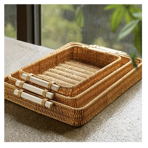 Plateau de service en rotin naturel de qualité supérieure, fabriqué à la main, avec poignées en bois, durable, pour la cuisine, le thé, le café, l'organisation de la vaisselle - Product Image 2