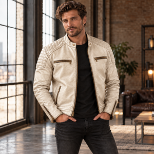 Chaqueta de cuero color marfil para hombre con cierre y hombros acolchados, chaqueta de motociclista color marfil para hombre con detalles acolchados. - Product Image 5