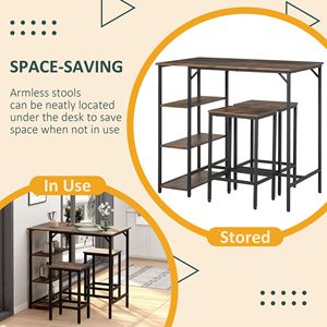 Rustic Brown 3-Piece Dining <b>Set</b> Wood Bar <b>Table</b> <b>and</b> <b>Stools</b> with Storage Shelf Space Saving Kitchen Dining Room Furniture - Product Image 4