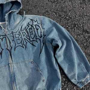 Streetwear Custom Washed Denim Zipper up Hoodies for Men Custom Print logo Men's Denim Hoodie - Product Image 5