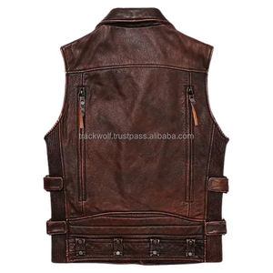 Chaleco de cuero genuino para hombre, diseño de solapa con cremallera diagonal, chaleco de piel de vaca sin mangas, servicio ODM y OEM - Product Image 3