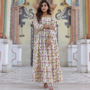 ชุดเดรสยาวลำลองผ้าฝ้ายพิมพ์ลายบล็อกอินเดียสำหรับผู้หญิง ระบายอากาศได้ดีและสวมใส่สบาย - Product Image 3