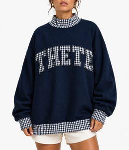 Sweat-shirt surdimensionné à col rond pour femme THETE, bleu marine, à carreaux, avec appliqué lettres, en coton tricoté, pull décontracté d'automne - Product Image 4