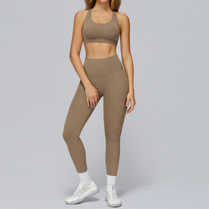 Ensemble de sport 2 pièces pour femme, uni, taille haute élastique, séchage rapide, léger, dos croisé, pour yoga, pilates et gym - Product Image 4