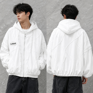 เสื้อฮู้ดดี้แบบซิป ยูนิเซ็กซ์ ทรงโอเวอร์ไซส์ แต่งผ้าปะติดปะต่อ ลุคสตรีทแวร์ ขอบดิบเย็บตะเข็บตัดกัน ผลิตจากผ้าฝ้าย 100%  รับผลิตขายส่ง - Product Image 5
