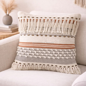 Housse de coussin bohème à rayures texturées, coussin décoratif tissé, coussin d'appoint géométrique bohème avec motif superposé - Product Image 1