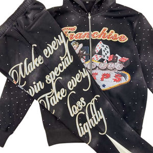 Ensemble survêtement personnalisé pour homme : sweat à capuche court et pantalon évasé, imprimé intégral, délavé soleil, effet vieilli, délavé à l'acide, avec strass - Product Image 2