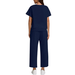 Women's Navy Blue Casual <b>Tracksuit</b> Short Sleeve Crew Neck Loose Fit Full Length Pants Elastic Waist 100% Cotton Solid Color - Product Image 2