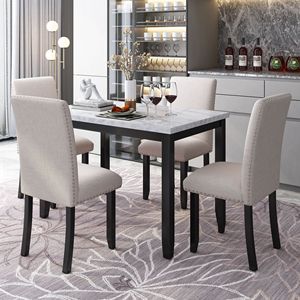 Set da Pranzo in Finto Marmo 5 Pezzi Bianco/Beige e Nero Include Tavolo con Cuscini Spessi e 4 Sedie per Arredamento Casa - Product Image 1