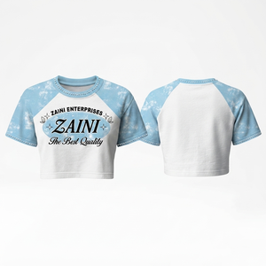 Premium 180 GSM Cotton Polyester Women Crop <b>Top</b> White Sky Blue <b>Raglan</b> Panel Custom DTF Screen Print Embroidery Logo - Product Image 1