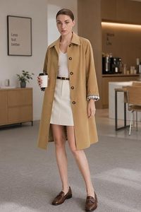 Manteau long élégant pour femme, couleur camel unie, manches longues, col à revers, fermeture boutonnée, vêtement d'extérieur pour l'automne - Product Image 3