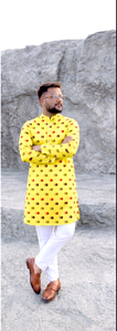 Kurta de algodón amarillo para hombre con estampado digital, diseño rojo y marrón, corte regular, estilo tradicional informal de India y Pakistán - Product Image 3