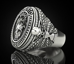 Bague en argent sterling 925 oxydé noir avec crâne Virgo Memento Mori - Product Image 2