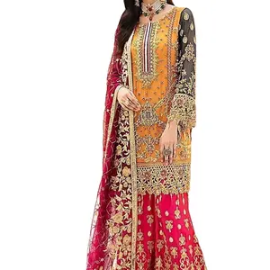 Unstickte mehrfarbige damen partykleider spitzenarbeit auf dupatta und hose, mode mit markenpakistanischen und indischen kleidern