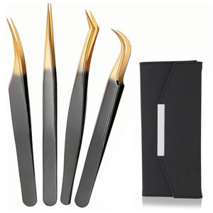 Kit de Pinzas para Pestañas de 4 Piezas con Logotipo Personalizado al por Mayor, Pinzas de Alta Precisión con Puntas Doradas de Dos Tonos y Mango Negro, Herramientas de Belleza Antimagnéticas - Product Image 1