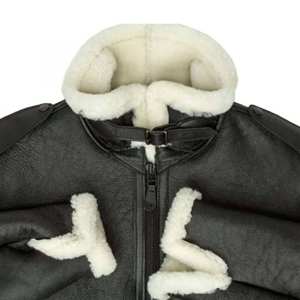 Chaqueta de Invierno con Cuello de Piel Blanca, Chaqueta de Aviador de Cuero Genuino de Piel de Oveja, Chaqueta Bomber con Cuello Plegable - Product Image 3