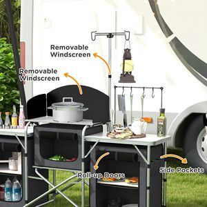 Cucina da Campeggio Portatile Pieghevole in Alluminio Nera con Armadietti in Tessuto e Borsa Antivento per BBQ e Picnic - Product Image 5