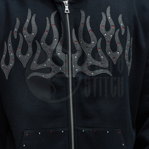 Distress Embroidered Rhinestone Zip-Up Hoodie <b>Black</b> Unisex <b>Fleece</b> Oversized Eco-Friendly Winter - Product Image 3