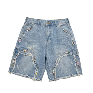 Nuevos pantalones cortos de mezclilla para hombre de alta calidad con lavado ácido, 100% algodón, con logotipo personalizado y pedrería. - Product Image 5