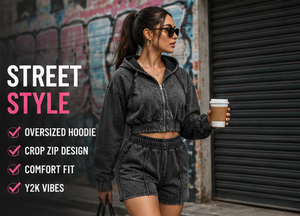 Custom logo Vintage Cotton Acid Wash <b>Zip</b> <b>up</b> Crop Sweatpants and Hoodie Set Streetwear Shorts Sweatsuit Tracksuits for Women - Product Image 3