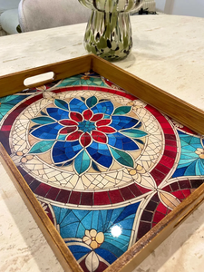 Plateau de service en bois au design floral en émail de haute qualité de luxe Beau plateau de service au design imprimé en émail par FWE - Product Image 6