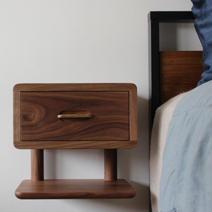 Blonde Teak Wood <b>Floating</b> Nightstand <b>Wall</b> Mounted 1 Drawer Bedside <b>Shelf</b> with Lower Deck - Product Image 2