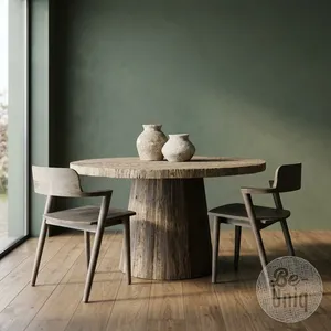 Round Wooden Dining <b>Table</b> Rustic Modern Design Solid <b>Wood</b> <b>Top</b> Handmade Home Furniture - Product Image 3