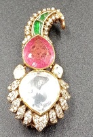 Broche indienne rose doublette pour mariage et fête, pour homme, avec pierre Talap verte, Kalangi, en argent plaqué or, motif éléphant, haute qualité, cadeau