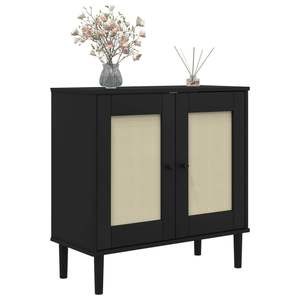 Credenza in Legno di Pino Massiccio Nero e Legno Ingegnerizzato con Elementi in Poly Rattan - Product Image 3