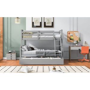 Letto a castello grigio con letto singolo sopra e letto matrimoniale, con scaletta e letto estraibile singolo, per bambini, con sponda di sicurezza - Product Image 5