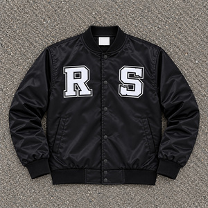 Veste bomber en satin noir pour homme, style preppy, avec lettres brodées RS, boutons pression, style automne - Product Image 1