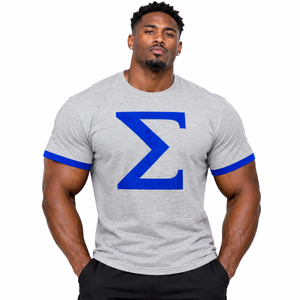 <b>Men's</b> <b>Grey</b> Short Sleeve Crew Neck T <b>Shirt</b> with Royal Blue Chenille Embroidered Mustard Sigma Letter Logo and Contrast Sleeve - Product Image 1