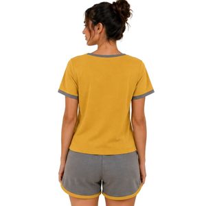Yellow And Gray Women Two Piece Shorts Set Square Neck Button <b>Top</b> Contrast Trim Graphic Print Casual Summer Cotton Lounge Wear - Product Image 2