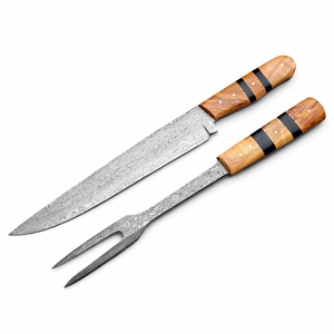 Juego de Cuchillos de Cocina de Acero de Damasco Hechos a Mano (2 Piezas) con Mango de Madera, Diseño Ambidiestro, Hoja de 12 Pulgadas - Regalo para Chef Profesional - Product Image 1