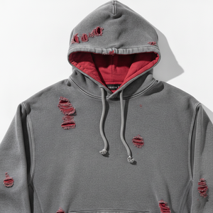 <b>Sun</b> Faded Thick <b>Drop</b> Shoulder Hole Hoodie Checkered Heavyweight Oversized Hoodie Acid Wash Distressed Reversible Hoodie - Product Image 4