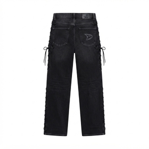 Jean en denim gothique pour homme, taille haute, coupe droite, avec broderie latérale à lacets, coupe classique, en coton délavé, style automne - Product Image 3