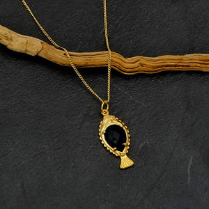 Collar con Colgante de Pez de Ónix Negro, Hecho a Mano, Chapado en Oro, Piedra de Nacimiento de Julio, Joyería con Dije, Regalo para Ella - Product Image 4