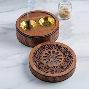 Laser Cut Wooden <b>Bakhoor</b> Burner Box Round Shape Arabic <b>Oud</b> Incense Holder Case With Geometric Carved Lid For Home Decoration - Product Image 2