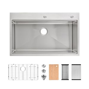 Lavello da cucina singolo da 90x55 cm in acciaio inossidabile fatto a mano, da incasso, con griglia scolapiatti e tagliere, finitura spazzolata - Product Image 1