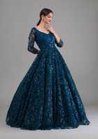 Baju Anarkali Bordir Panjang Wanita Elegan Warna Biru Tua Bahan Poliester Pakaian Pernikahan India & Pakistan Model Longgar Cocok untuk Semua Musim