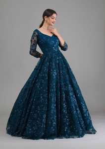 Elegante Traje Anarkali Bordado para Mujer, Largo hasta el Suelo, Azul Oscuro, Poliéster, Ropa de Boda India y Pakistaní, Corte Holgado, para Todas las Temporadas - Product Image 5