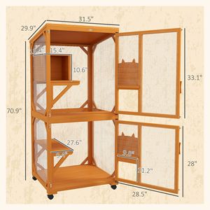 Casetta Classica per Gatti in Legno Arancione, Villa Rettangolare con Ruote per Facile Spostamento, per 1-3 Gatti, in Materiale di Abete, per Interni, per Piccoli Animali - Product Image 3