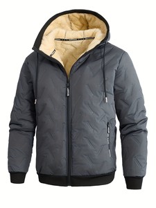 Veste d'hiver décontractée pour homme, à capuche, épaisse, doublée de polaire, à motif animalier uni, avec fermeture éclair - Product Image 5