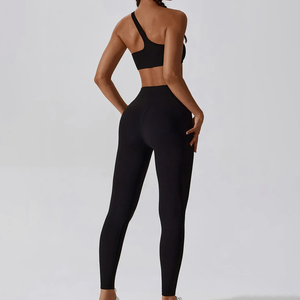 Conjunto de Yoga para Mujer, Leggings de Cintura Alta, Sujetador Deportivo, 2 Piezas, Ropa Deportiva, Sin Costuras, Color Negro Sólido, Un Hombro Descubierto - Product Image 2